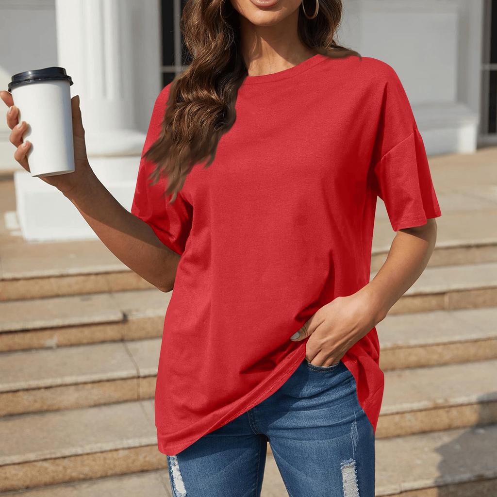 A Solid-color Loose Short-sleeved, Round-neck Plate-sized Top For Women In Spring And Summer