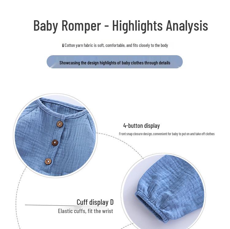 Hooded Baby Summer Romper: Double Layer Gauze, 100% Cotton, Solid Color, Breathable and Sweat-Absorbent - Ideal for Crawling and Casual Wear