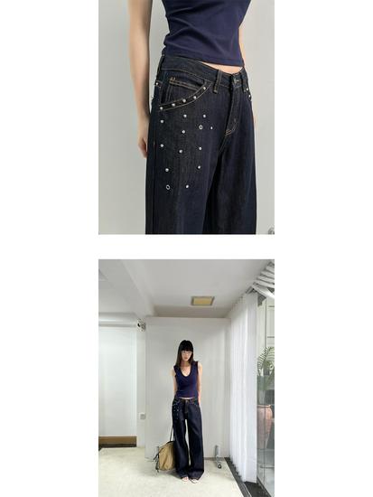 Yuyi 2026 Spring Women's Rivet Tie-Dye Wide-Leg Jeans