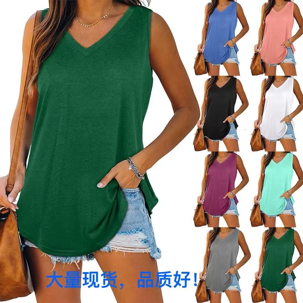 New V-neck Dovetail Sleeveless Solid Vest T-shirt for Women