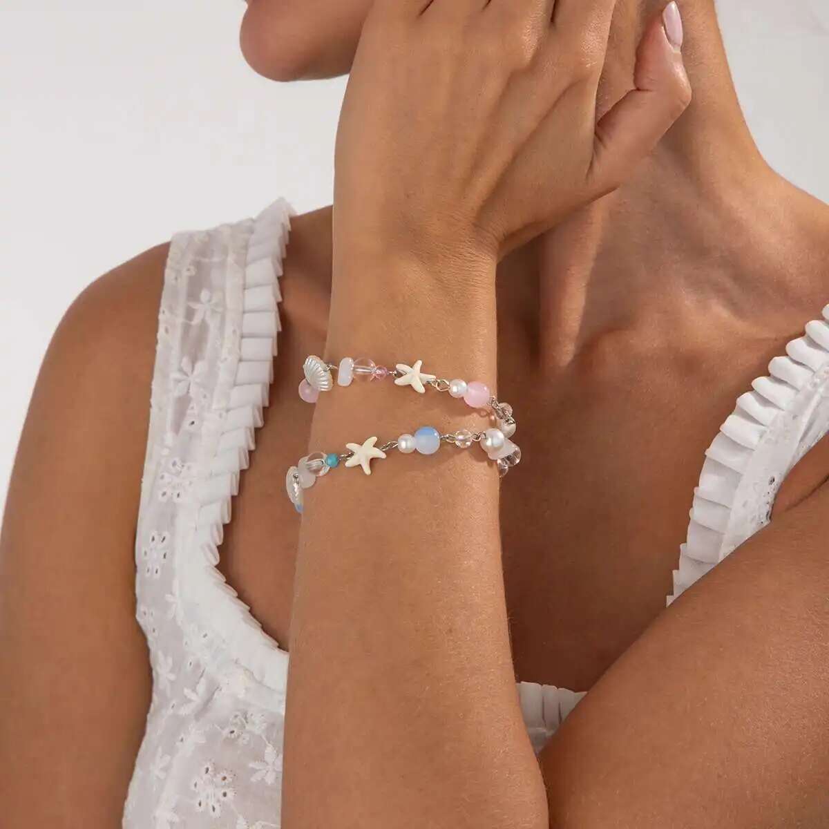 

Ingemark 2Pcs/Set Aesthetic Ribbon Imitation Pearl Bracelets for Women Beads Acrylic Star Pendant Bangles Wedding Jewelry New