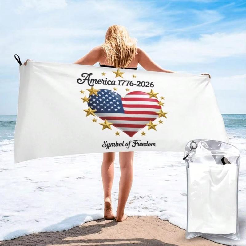 Newest Beach Towel America 1776-2026 Heart Flag Star Freedom Print Quick Dry Beach Towel Patriotic Swimming Towel