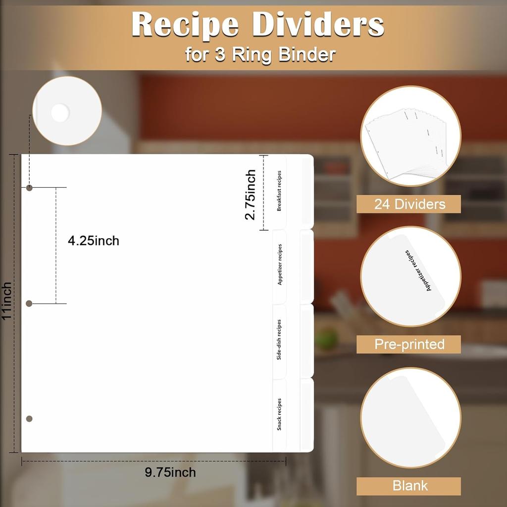 Recipe Dividers for 3 Ring Binder Set 9 3/4”×11” Black and Pre-Printed Recipe Binder Dividers Recipe Organizer Personalized Family Recipe Binder