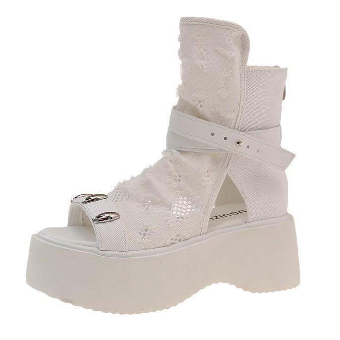 Premium Thick Sandal Sole Belt Buckle with 2025 New Open-toed Cool Boots Fairy Women's Skirt Cowboy Short Boots