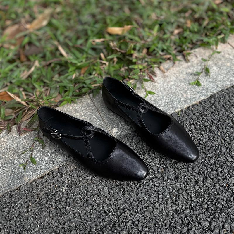 Johnature Cross Belt Mary Jane Shoes Genuine Leather Flats Round Toe Soft Soled Women's Shoes