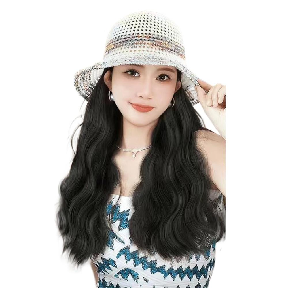 

Радужная плетеная шляпа-ведро рыбака с париком, летняя солнцезащитная шляпа, парик женский Curly-Brown&Black