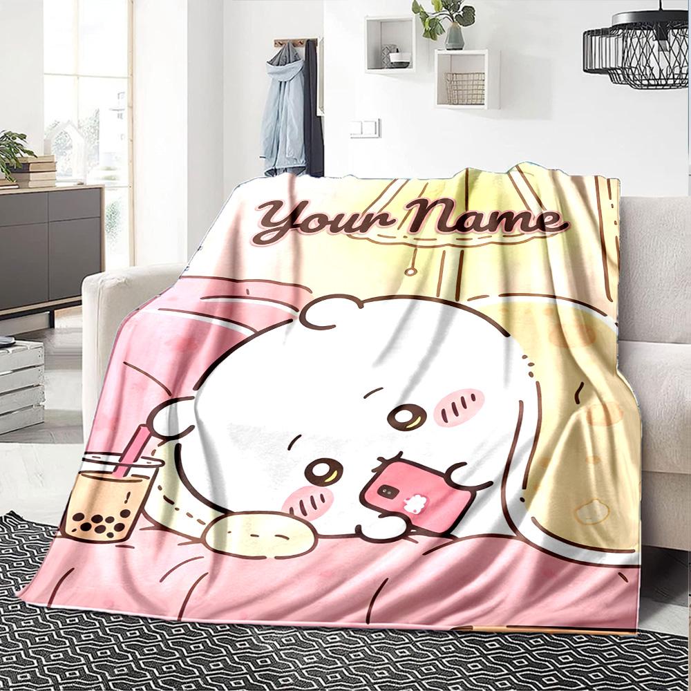 1pc Chiikawa Blanket with Custom Name, Gift, for Men and Women, Soft Blanket, Good for Sofa Bed Couch Travel, Lightweight Flannel Blanket