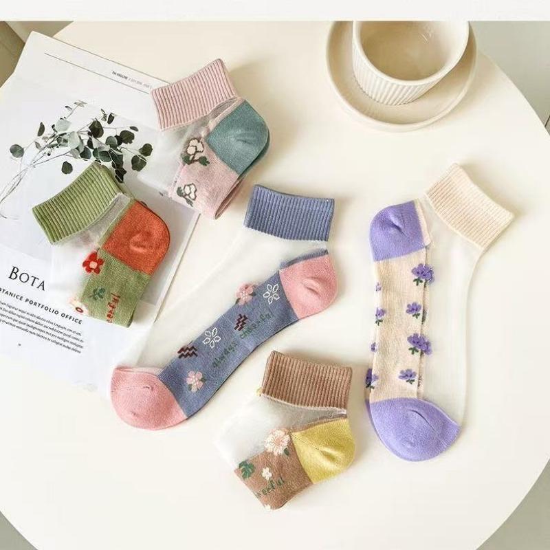 5 Pairs of Summer Thin Crystal Silk Socks Children Invisible Sweat-absorbing Breathable Boat Socks Glass Silk Cotton Bottom Short Socks