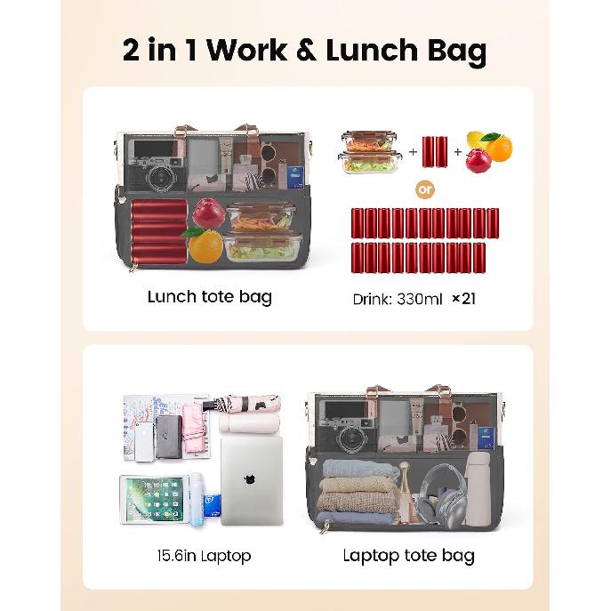 LOVEVOOK Lunch Bag, Tote Bag for Women with Insulated Lunch Compartment, Laptop Bag with Large Capacity & Cup Holder, Work Tote for Teacher, Nurse,