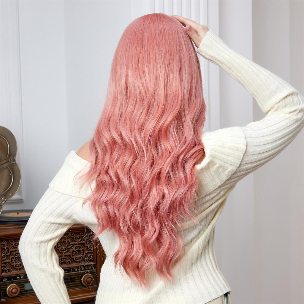 ALAN EATON Růžová syntetická paruka Dlouhé vlnité paruky s ofinou Lolita Cosplay paruky pro ženy Vlákno odolné vůči teplu Paruky z přírodních vlasů