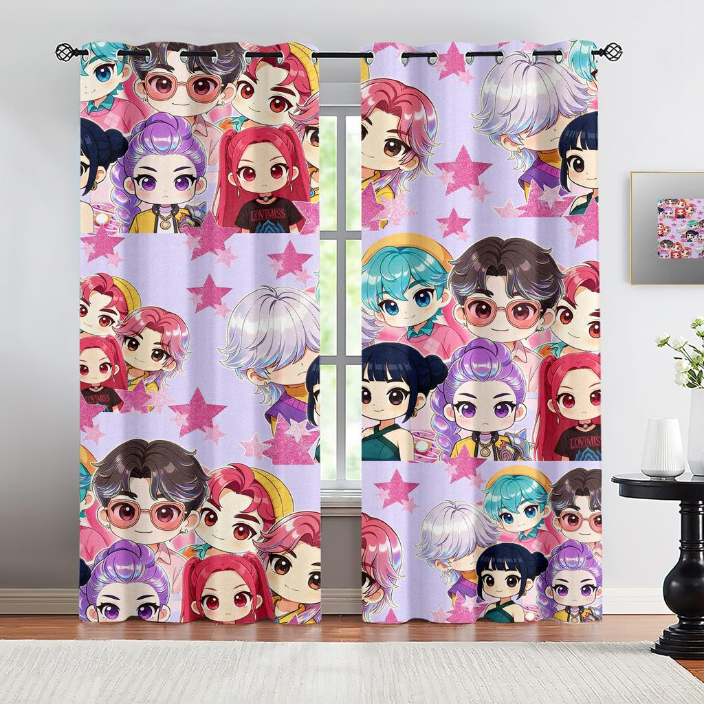 2pcs Kpop Anime Girls Curtains Cute Idol Group Print Blackout Curtains Orange Background Window Drapes For Teens Bedroom Dec