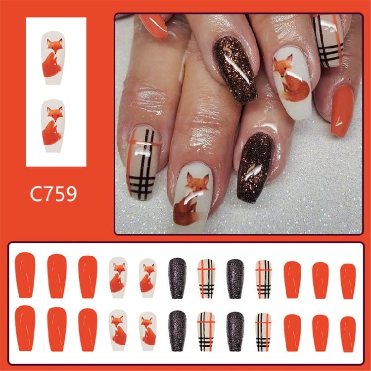 Fall Themed Cute Foxes Press On Nail Glossy Stick On Nail 24 Pieces Thanksgiving False Nail Stylish Manicure Nail Art