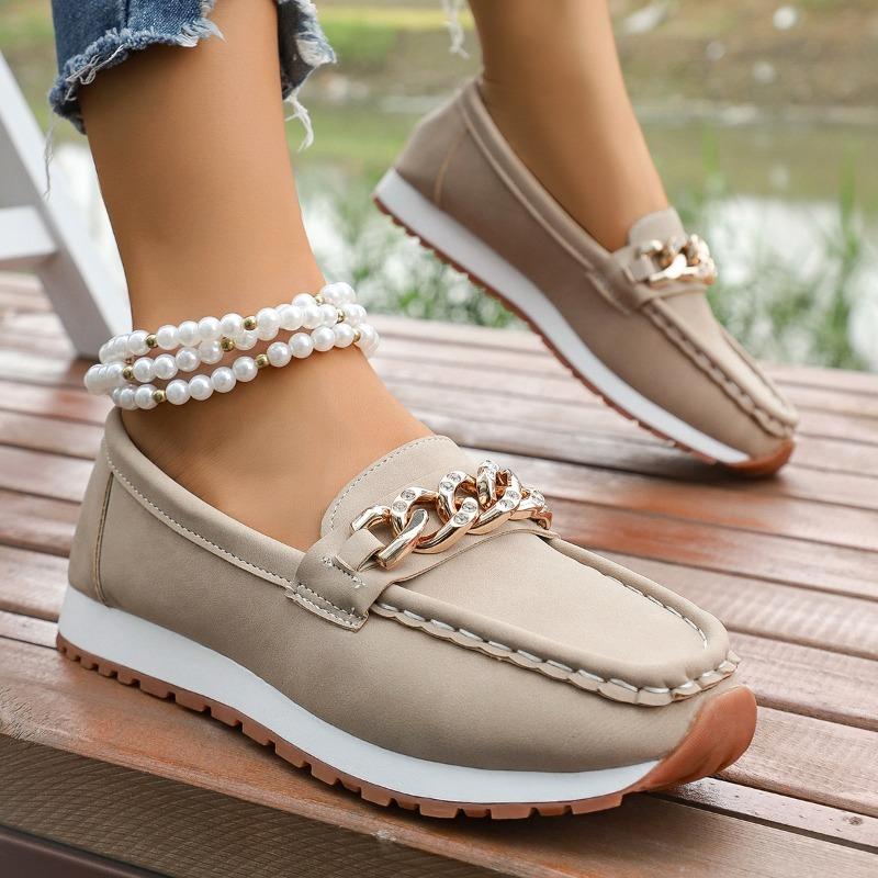 Mote Kvinner Casual Platformsko Ny Mote Metallkjede Dame Ballerinaer Pluss Størrelse Mykt Skinn Komfortable Loafers Zapatos De Mujer