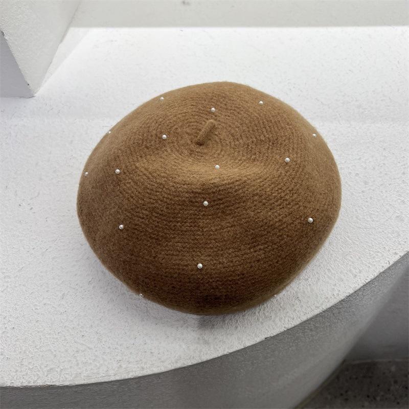 Full of pearls decorated wool knitted beret lady autumn and winter literary retro warm painter hat bud hat