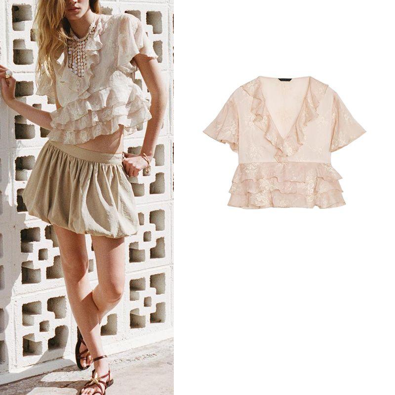 Spring and Summer Women's Clothing French Vintage Style Translucent Laminated Decoration Embroidered V-neck Short Sleeve Shirt 3105872