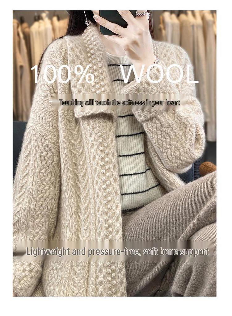 Women's Wool Knit Lapel Coat with Pockets - Autumn/Winter Mid-Length Belted Cardigan