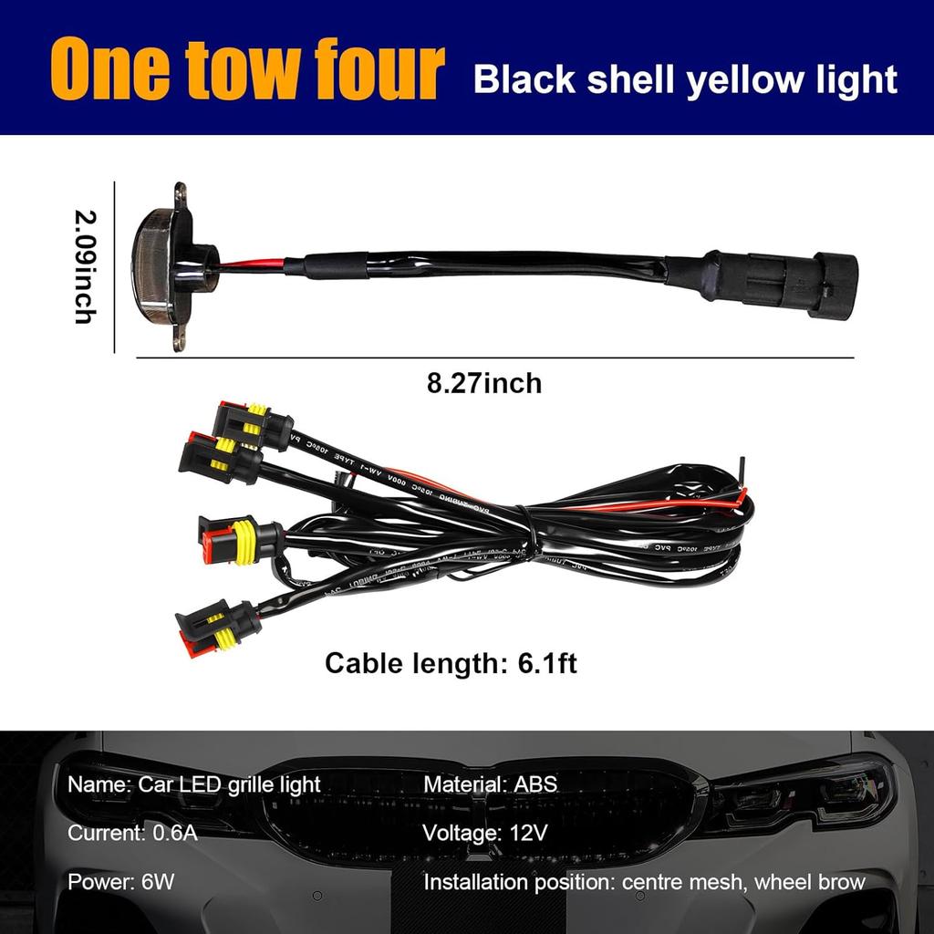 4PCS Car Grille Lights, Bright Amber LED Grill Lights With Wiring Harness, Waterproof Front Grill Trim Lamps, Vehicle Exterior Grille Lamps