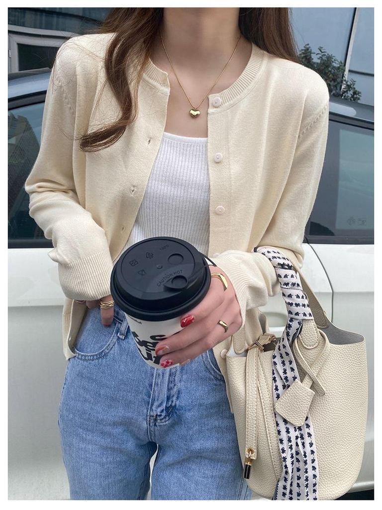 Spring & Autumn 2025 Solid Color Round Neck Slimming Knit Cardigan - Versatile Korean Style Long Sleeve Women's Top