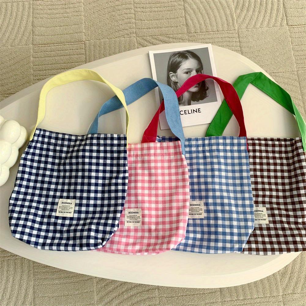 Fashion Cotton Fabric Shoulder Bag for Women Simple Plaid Pattern Large Casual Capacity Shopper Tote Bags
