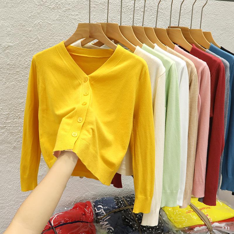 V-neck short knitted cardigan jacket women's spring and autumn new black outer sweater long-sleeved bottoming shirt top