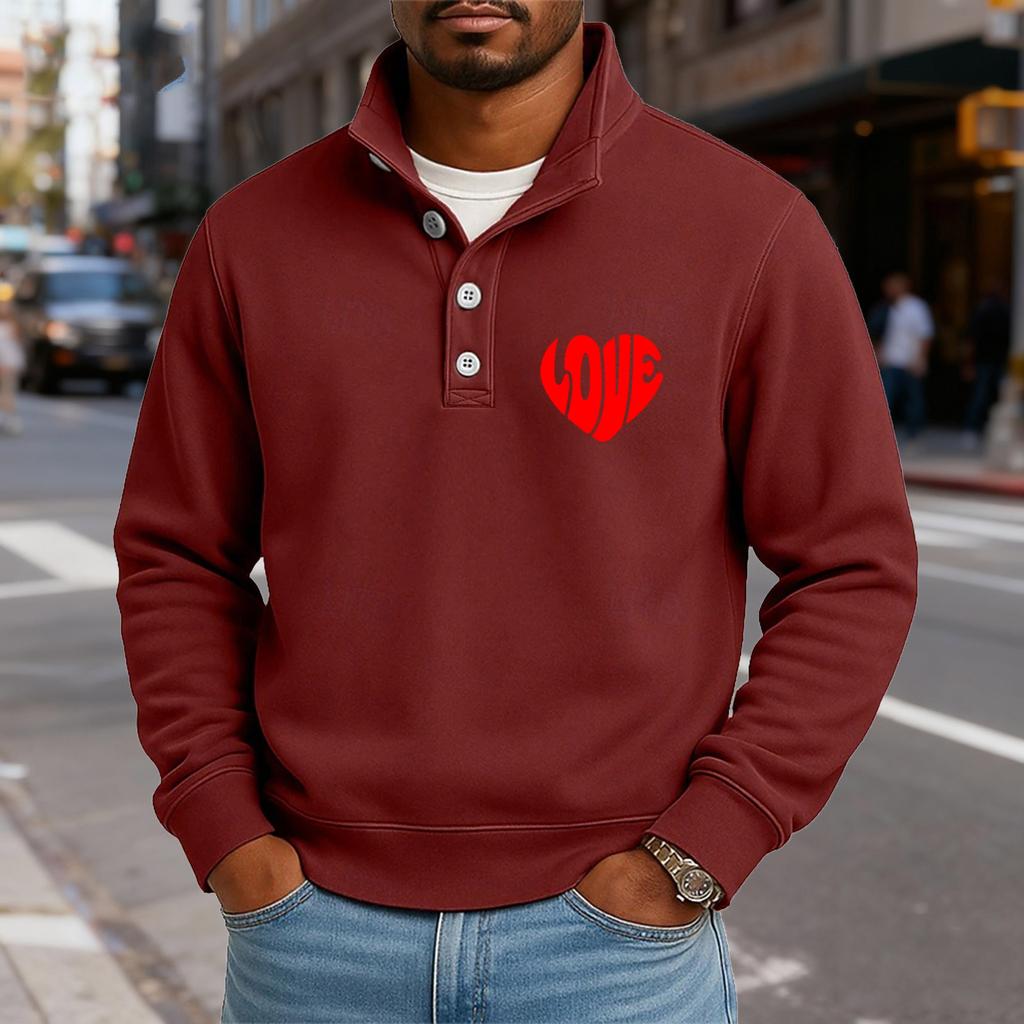 Men's Casual Stand-Up Collar Long-Sleeve Top Print Button-Down Sweatshirt