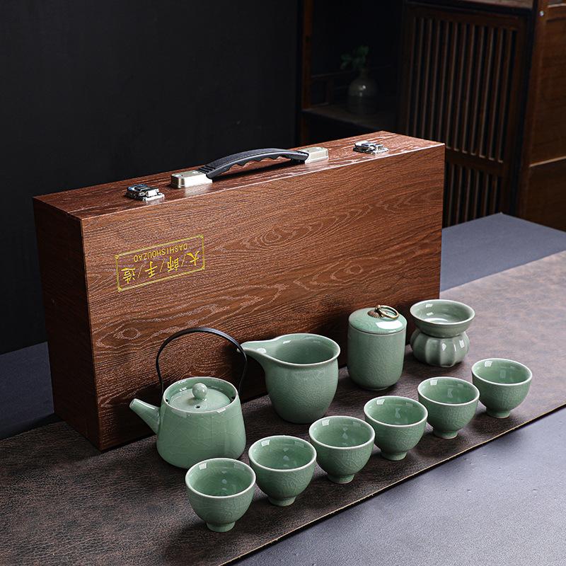 Ge Kiln Tea Set Kung Fu Tea High-end Gift Box Souvenir Ceramic Teapot Teacup Kung Fu Household Full Set