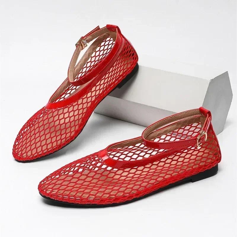 Fashion Comfortable Hollow Mesh Flat Sandals Women Sexy T Strap Belt Buckle Design Brand Ballet Shoes Non-slip Soft Sole Women's Shoes