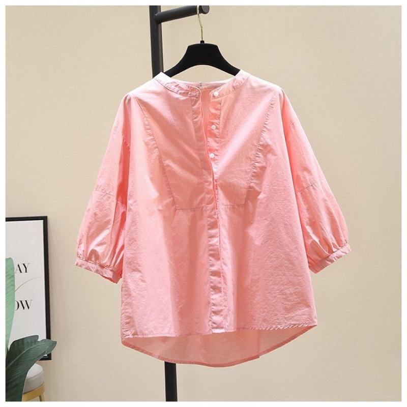 Women's Light Blue Round Neck Blouse 3/4 Puff Sleeves Loose Comfortable Casual Shirts