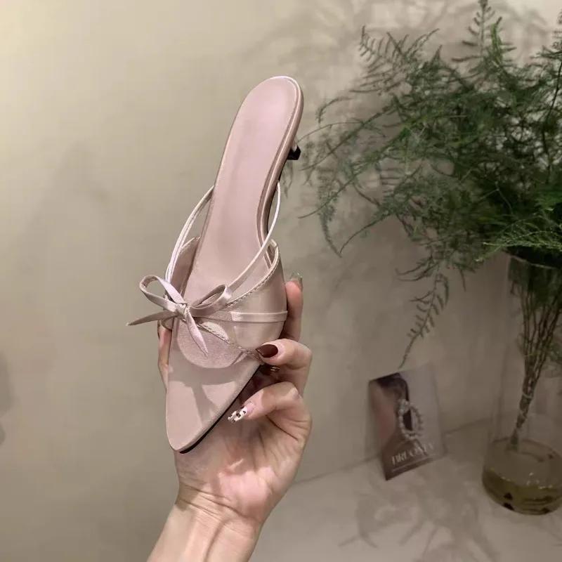 Fashion Summer New Rhinestone Mesh Pointed Toe Fish Mouth High Heels Stiletto Sexy One Word Outwear Half Slip Sandals