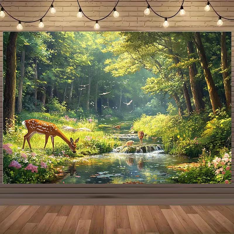 2D Enchanted Forest Deer Backdrop Tapestry - Nature Landscape with Sika Deer for Aesthetic Room Decor 47.2x31.5inch/120*80cm