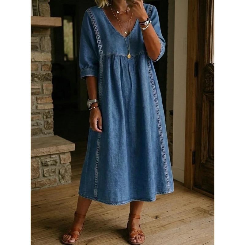Women's V Neck Three Quarter Sleeve Loose Fit Lace Spliced Linen Blend Midi Dress Solid Color Casual Vacation Daily Wear Long Sundress