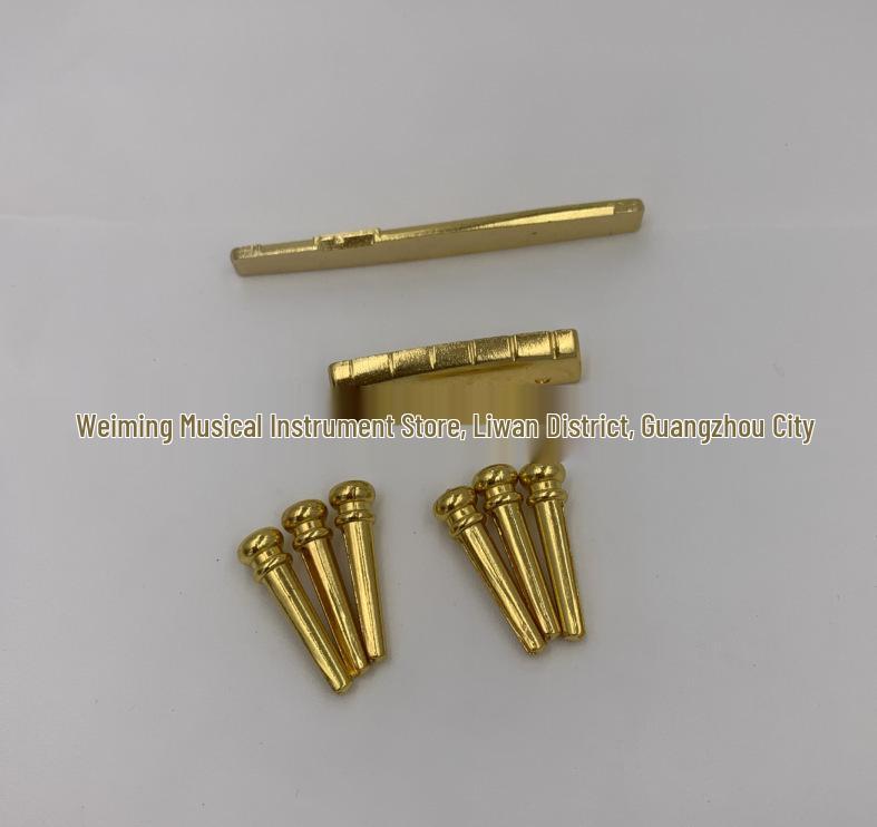 Folk Guitar Brass Nut Bridge Set with Tuning Pegs and String Saddles Nut + Long Bridge + 6 Metal Pins золотой