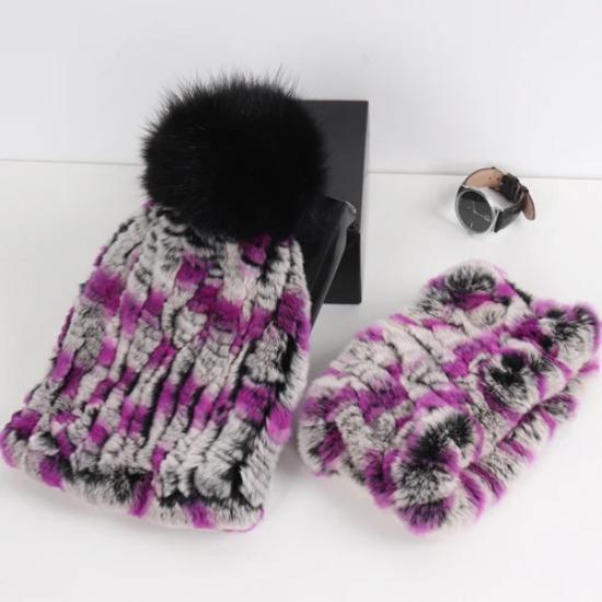 New Fashion Knitted Good Elastic Real Fur Scarf Hat Sets Women Winter Warm Natural Rex Rabbit Fur Scarves Hats Sets
