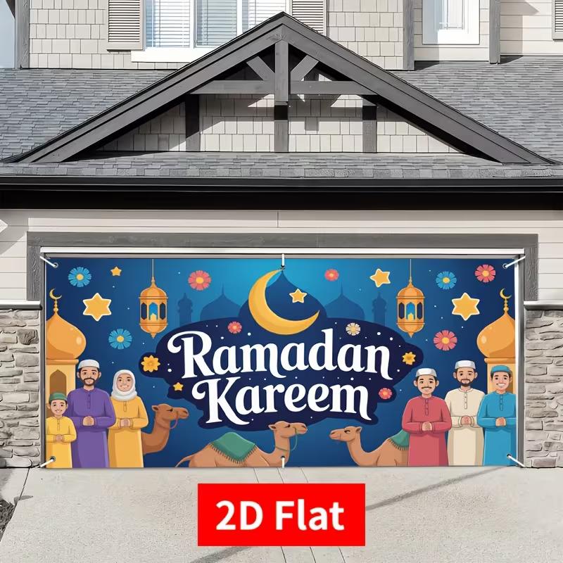 2D Cartoon Ramadan Mubarak Garage Door Background with Crescent Moon & Lantern 47.2x31.5inch/120*80cm