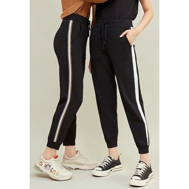 

Home Spring and Summer Counter G Brother s Side Stitching White Stripe Elastic Waist Drawstring Closed Casual Pants Women clothes Cropped Pants Black Size 4: Waist 80-90