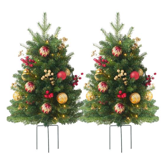 23 Inch Lighted Artificial Christmas Urn Filler Pre-lit Xmas Pine Tree with Cones Red Berries Tripod Stake And LED Light Outdoor Porch Planter Filler