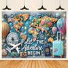 1 adventure-themed large background banner with a shiny world map, hot air balloons and travel signs - perfect for parties