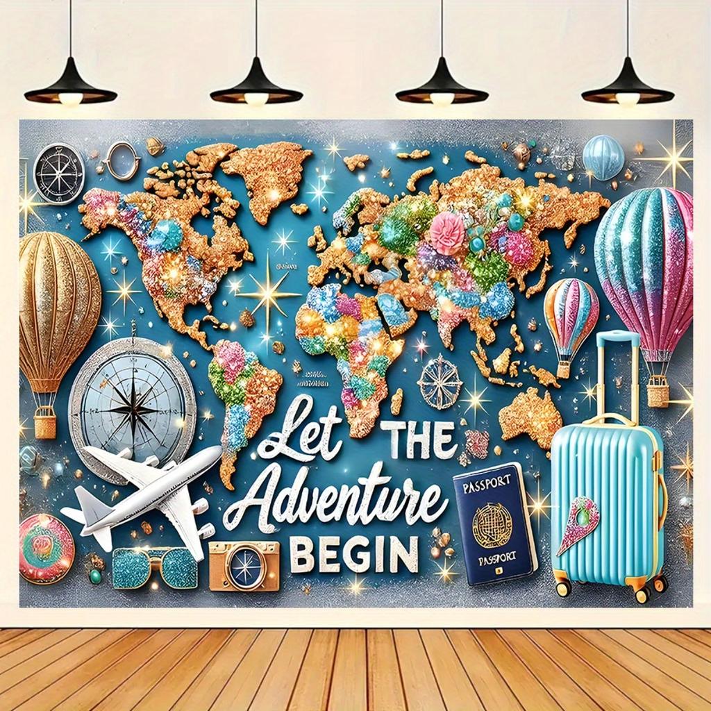 1 adventure-themed large background banner with a shiny world map, hot air balloons and travel signs - perfect for parties