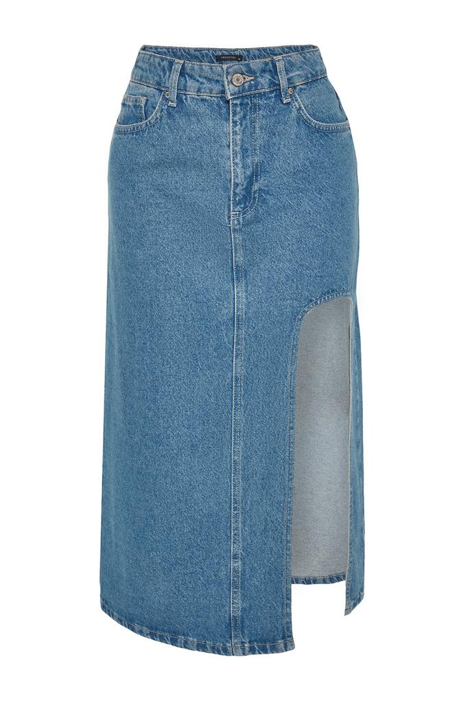 Damenmode Neuer Rock Blau Schlitz Midi Jeansrock