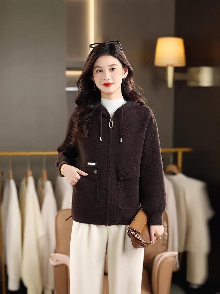 Women's Short Wool Hooded Zip Cardigan Coat - Fall/Winter Fashion Sweater Top