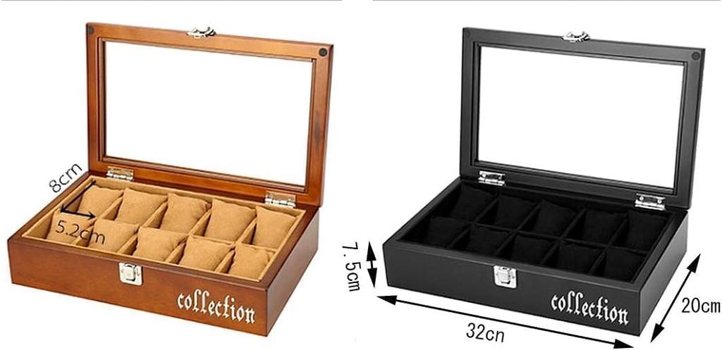 Anberotta Luxuriöse Holz-Uhrenaufbewahrung Groß Klar mit Beschriftung 10 Fächer, Kasten, Ständer, Kapazität, Glas, N-J141-T (Schwarz, (Hält Uhren))