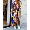Women's Summer New Style Long-sleeved Casual Shirt Skirt Long Printed Split V-neck Large Size Loose Dress