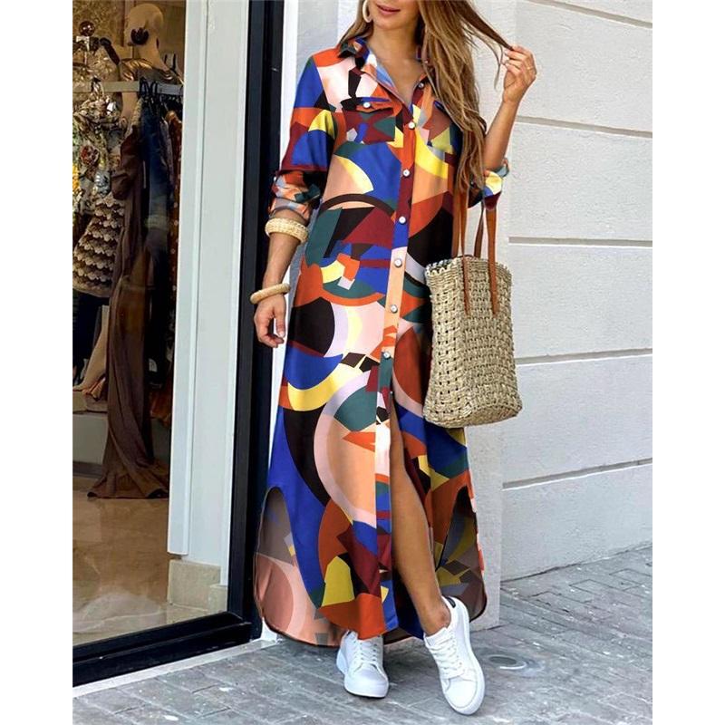 Women's Summer New Style Long-sleeved Casual Shirt Skirt Long Printed Split V-neck Large Size Loose Dress
