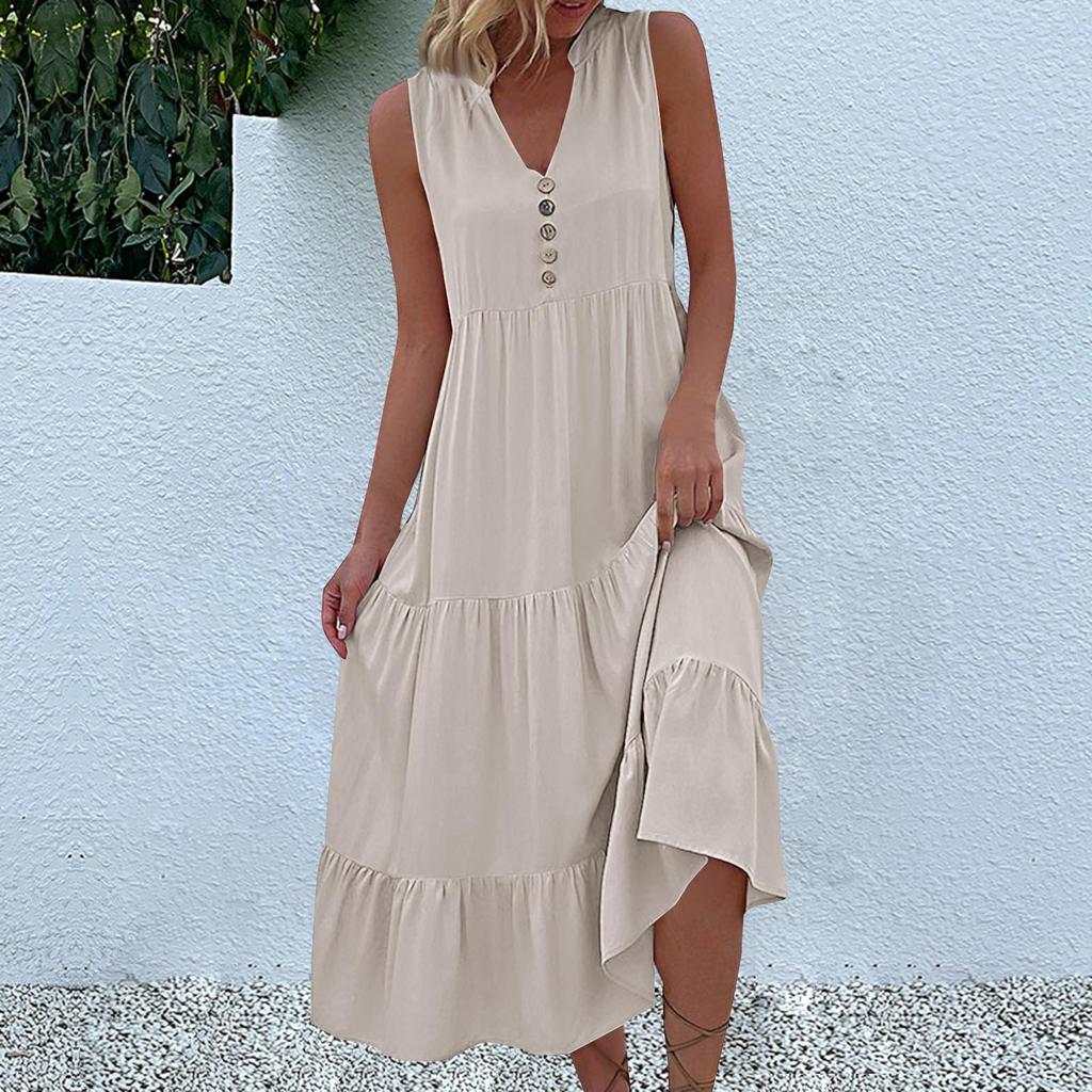 Women's Fashion Sleeveless Pleated Loose V-Neck Mid-Length Solid Colour Dresses