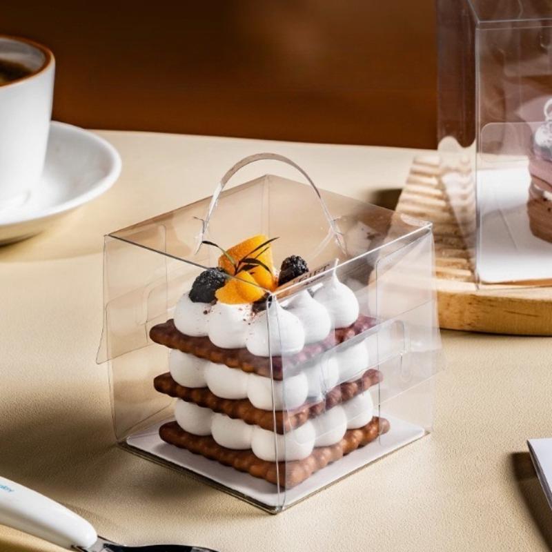 10sets Handheld Transparent Birthday Dessert Gift Box with Tray Cake Baking Clear Plastic Cupcake Box for Weddding Party Birthday Get-together