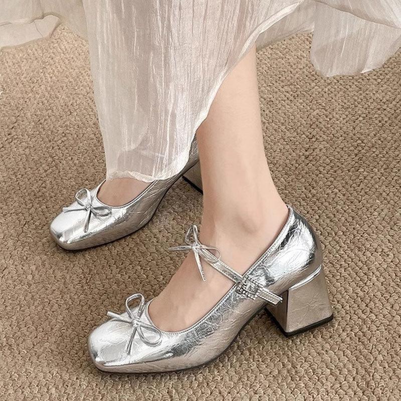 Schleife ein Wort Riemchen High Heels Frühling neu Mary Jane Schuhe Ballerinas eckige Spitze dicker Absatz flacher Ausschnitt Einzelne Schuhe