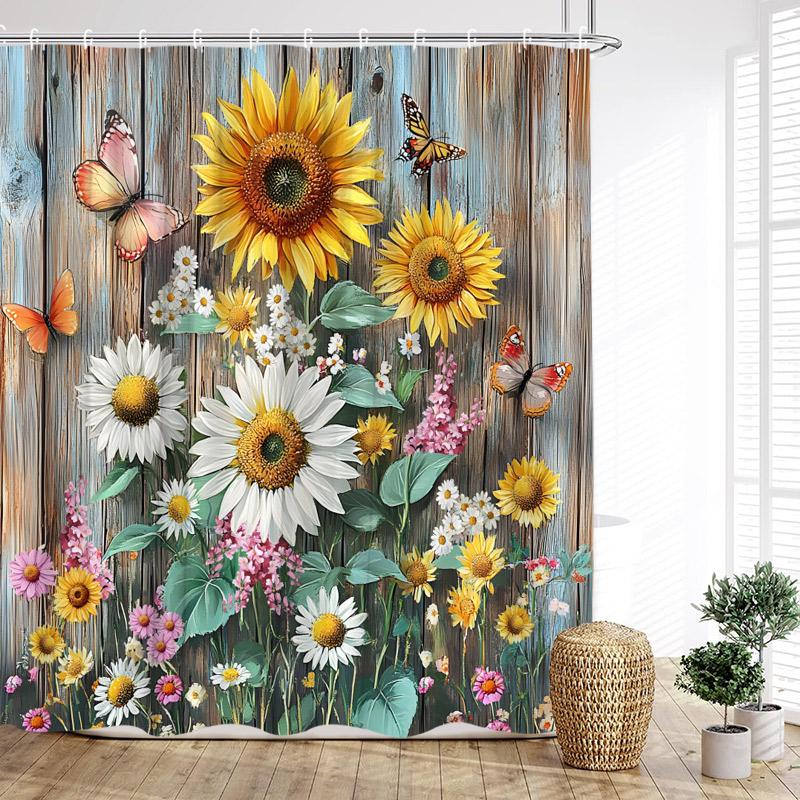 Monika Chen Rustic Sunflower Shower Curtain Farmhouse Floral Butterfly Daisy Vintage Spring Flowers Wooden Plank Country Home Bathroom Decor