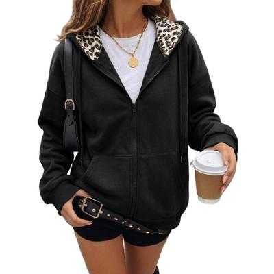 Women's Leopard Print Zip-Up Hoodie Long Sleeve Fleece-Lined Casual Sweatshirt Jacket