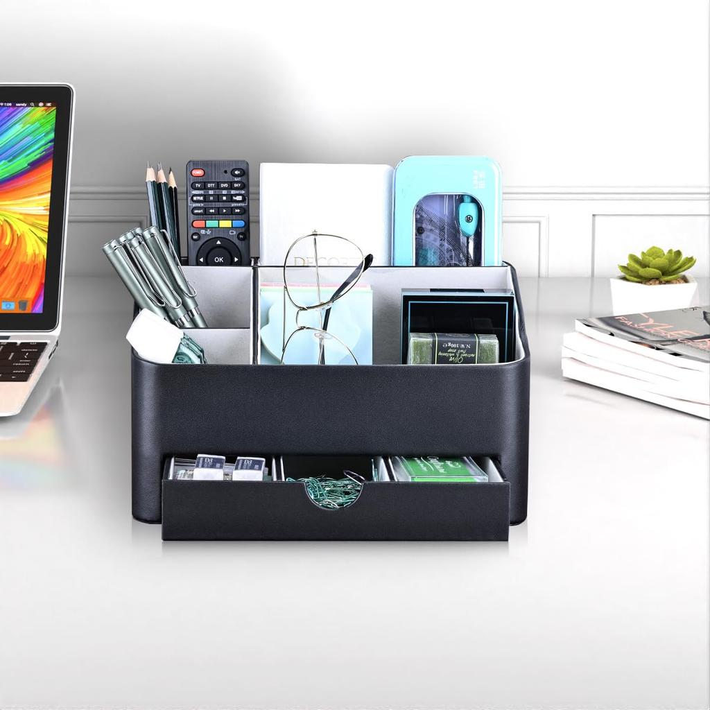 KINGFOM Desk Organizer with Drawer, Multifunctional Pen Holder for Desk, Desk Organizer and Accessories for Home Office, 5 Compartments (Black)
