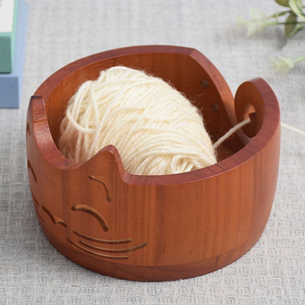 Durable With Holes Wooden Yarn Bowl Practical Cat Shaped Yarn Organizer Handmade Round Storage Basket Crocheting
